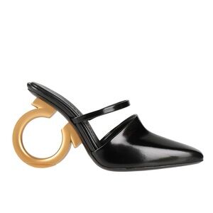 Salvatore Ferragamo ADARA 7.5 Chic Black Mules with Gold Circular Heel
